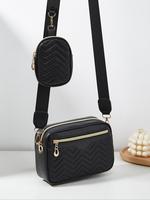 Spring Fashion V-shaped Quilted Pu Leather Crossbody Bag & Wallets for Women, Fashion Purses, 1 Set Casual Plain Color Geomet...