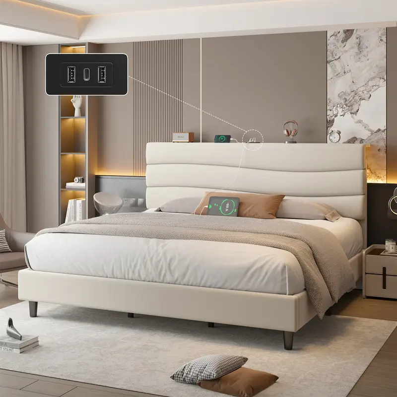 Raybee Upholstered Bed Frame Queen Size with Adjustable Headboard & Storage Shelf & USB Charging Noise-Free, Soft Bed Frames ...