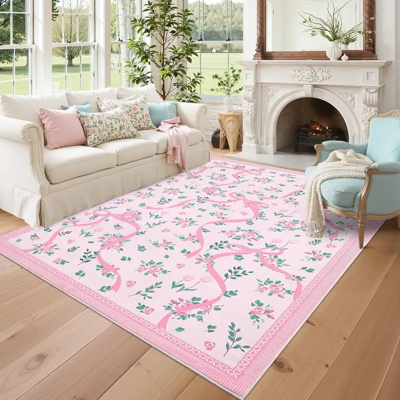 Garvee Floral Rug Pink 10x13 Large Washable Non-Slip Ultra-Thin Faux Wool Botanical Print Living Room Bedroom Nursery