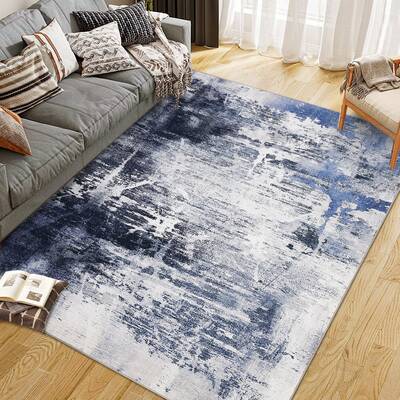 Garvee Boho Floral Bedroom Rug 9'x12' - Washable, Non-Slip, Low Pile Faux Wool - Soft, Durable, Pet-Friendly - Blue, Small - ...