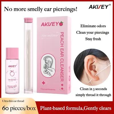 AKIESY Ear Hole Cleaning Thread, Peach-Scented Deodorizing Ear Cleaning Solution, Piercing Holes Clean Kit, 60/120/180 lines ...