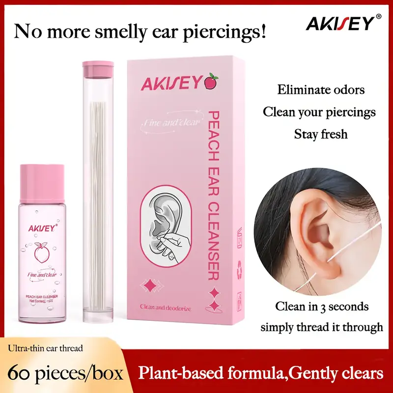 AKIESY Ear Hole Cleaning Thread, Peach-Scented Deodorizing Ear Cleaning Solution, Piercing Holes Clean Kit, 60/120/180 lines ...