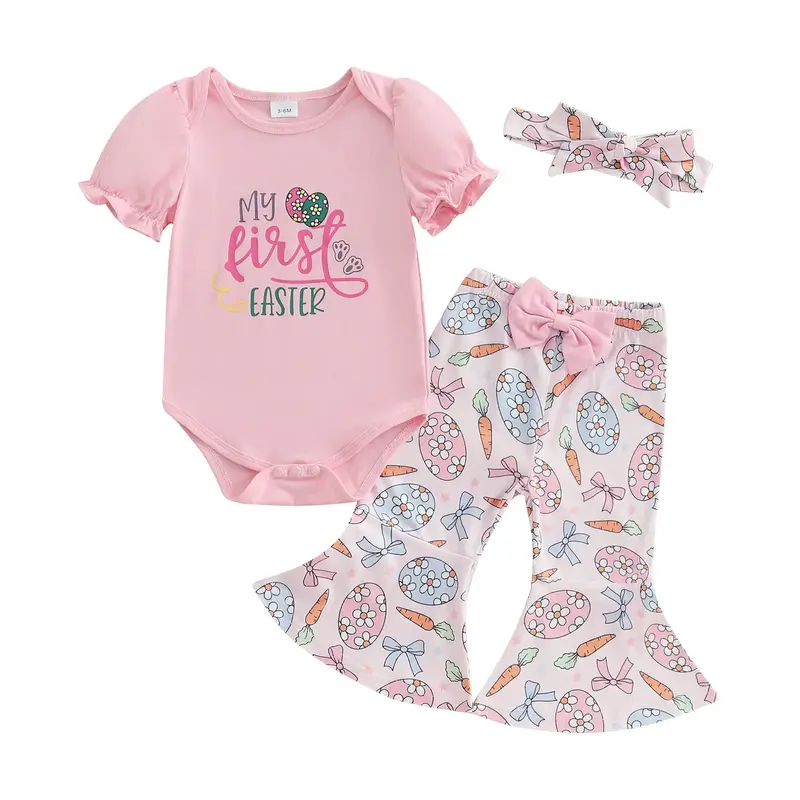 2025 My First Easter Baby Girl Outfit Infant Short Sleeve Romper Bunny Print Flare Pants Bell Bottoms Set 3Pcs