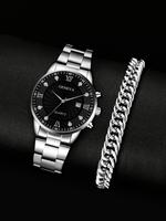 Men's New Fashion Business Fashion Rhinestone Decor Round Dial Analog Quartz Watch, with Link Bracelet Set As Gift without Bo...