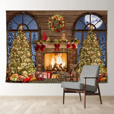 Aperturee Light Tree Fireplace Moon Night Christmas Backdrop