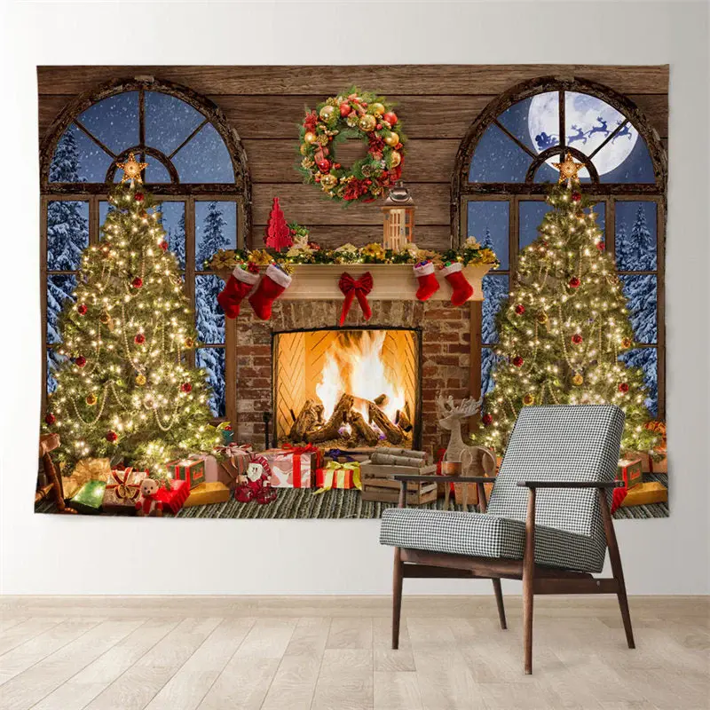 Aperturee Light Tree Fireplace Moon Night Christmas Backdrop