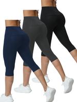 Women's Solid Color High Waist Sports Capris Leggings, Comfortable Breathable Side Pocket Skinny Pants, Tummy Control Capris ...