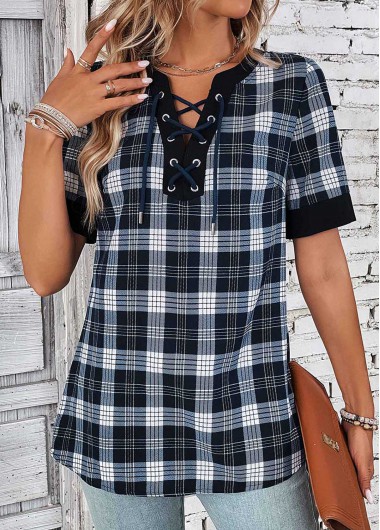 Modlily Black Lace Up Plaid Short Sleeve Blouse - XXL