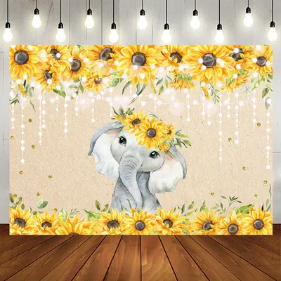 Aperturee Sunflower Elephant Gold Light Baby Shower Backdrop