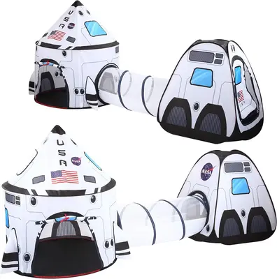 White Rocket Ship Pop up Play Tent with Tunnel and Playhouse Indoor Outdoor Spaceship Tent Set, Christmas Gifts for Kids Outd...