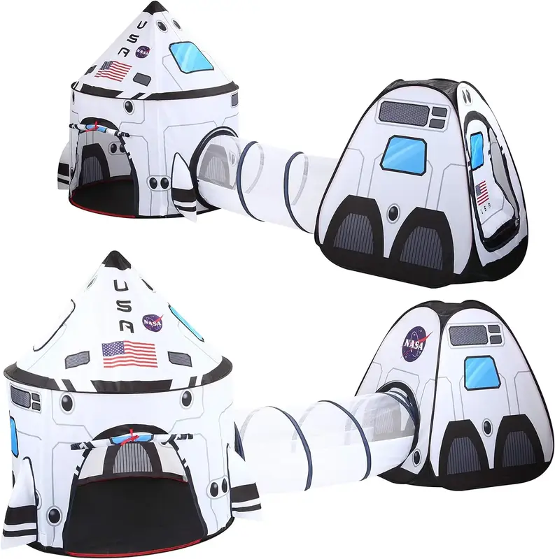White Rocket Ship Pop up Play Tent with Tunnel and Playhouse Indoor Outdoor Spaceship Tent Set, Christmas Gifts for Kids Outd...