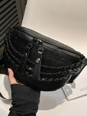 Women's Fashion Chain Decorated Crocodile Pattern Fanny Pack, Solid Color Chest Bag for Daily Used, New Trendy Matching Bum B...