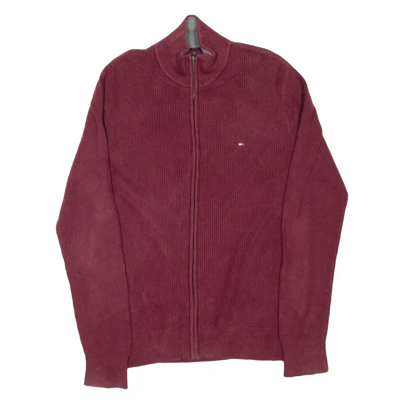 TOMMY HILFIGER Mens Jumper Maroon High Neck Tight Knit M