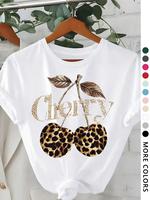Women's Cherry & Leopard Print Round Neck Graphic Tee, Vintage Trendy Casual Short Sleeve T-shirt for Daily Wear, Ladies All ...