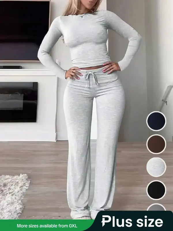 【Plus Size】 Two-piece Set Solid Round Neck Top & Pants, Casual Fashion Cozy Long Sleeve Top & Trousers for Daily Outdoor ...