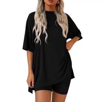 Women's Summer Two-Piece Set 2025 Casual Oversized Crewneck Split Hem Shirts & Side Pocket Biker Shorts Minimalist Lounge Wea...