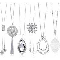 6Pcs Long Pendant Necklaces for Women Long Sweater Necklaces Silver Flower Tassel Disk Circle Leaf Statement Sweater Chain Ne...