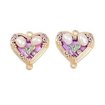 Brass Enamel & Natural Pearl Heart with Flower Connector Charms