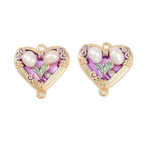 Brass Enamel & Natural Pearl Heart with Flower Connector Charms