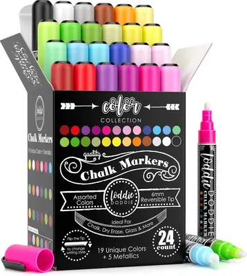 Loddie Doddie 24ct Chalk Markers - Color Collection - Erases Completely on Non-Porous Surfaces, Windows and Glass | 6mm Rever...