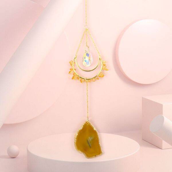 Natural Citrine Chip Wrapped Moon Hanging Ornaments