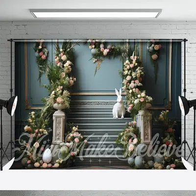 Blue Wall Floral Eggs White Rabbit Easter Backdrop - Aperturee