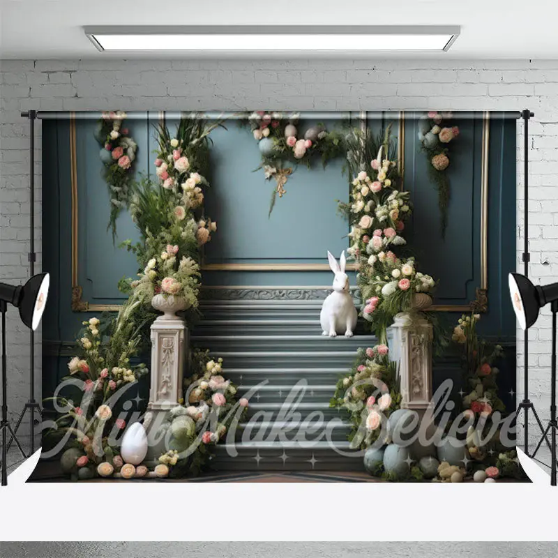 Blue Wall Floral Eggs White Rabbit Easter Backdrop - Aperturee