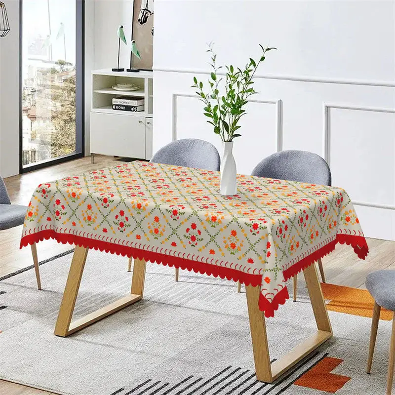 Bright Warm Red Floral Plaid Rectangle Tablecloth - Aperturee