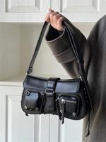 Summer Street Style Plain Grommet Eyelet Design Underarm Bag, Crossbody Bag for Women, Punk Goth Pu Leather Bag, Commuter Col...
