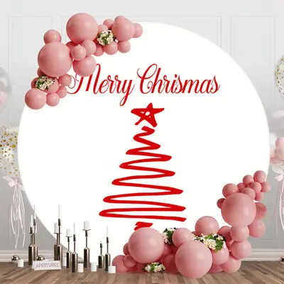 White Red Xmas Tree Round Merry Christmas Backdrop - Aperturee