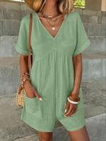 Women's Solid Color V Neck Wide Leg Romper, Casual Comfy Basic Short Sleeve Romper for Spring & Fall, Women's Clothes for Dai...