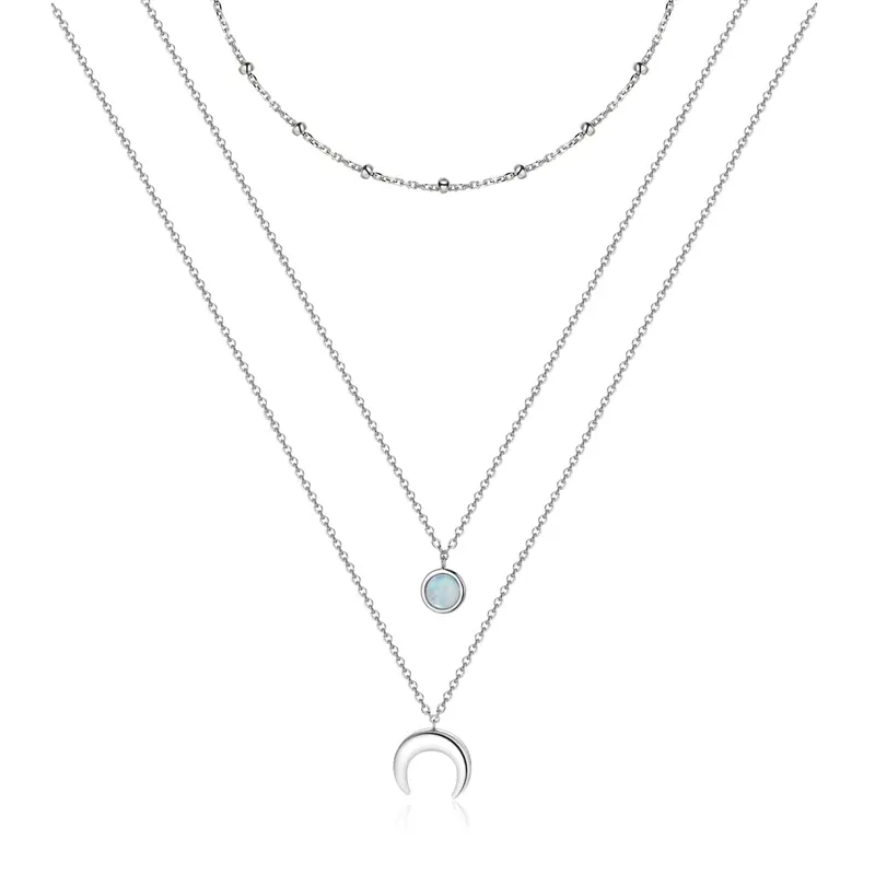 Sterling Silver Round Moonstone Moon Layered Necklace