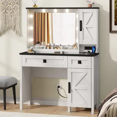 【FallDealsForYou】AOWOS Farmhouse Vanity, Makeup Vanity Desk with HD Mirror and Light, with Drawers & Adjustable Cabinets,...