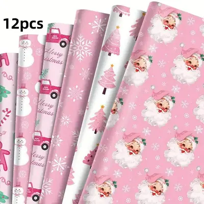 Christmas Theme Gift Wrapping Paper, 12pcs/set Snowman & Reindeer Pattern Gift Wrapping Paper, Gift Packaging Supplies for Ho...