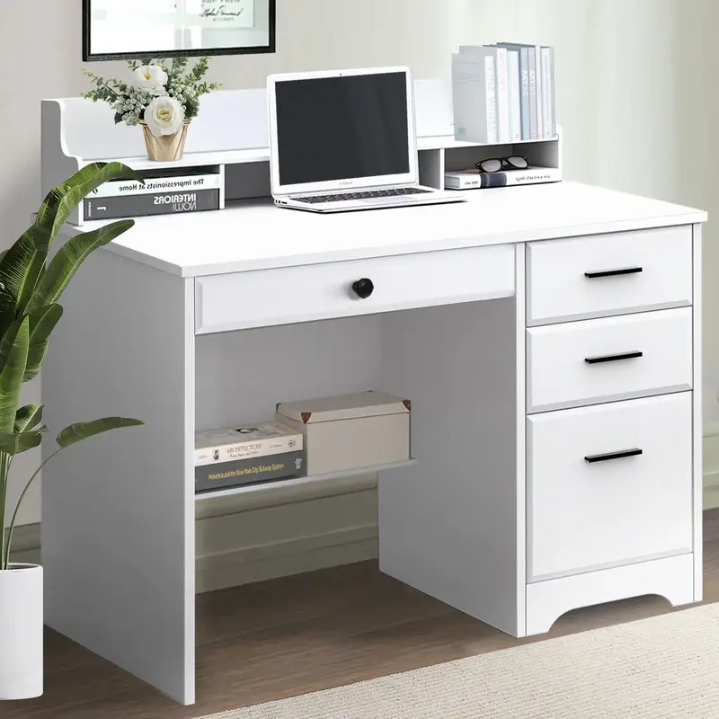 HOMBCK Computer Desk with Drawers, White Desk with Storage, Home Office Desk with Monitor Stand, Student Writing Desk, White