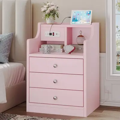 Sikaic Nightstand with top Charging Station Storage Drawers Pink Furniture Bedroom Modern Home Organize Bedside Shelf Organiz...