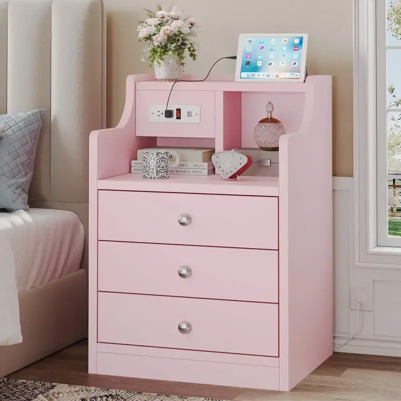 Sikaic Nightstand with top Charging Station Storage Drawers Pink Furniture Bedroom Modern Home Organize Bedside Shelf Organiz...
