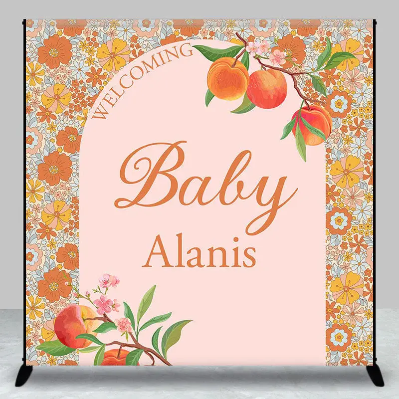 Dense Floral Peach Custom Name Welcome Baby Backdrop - Aperturee