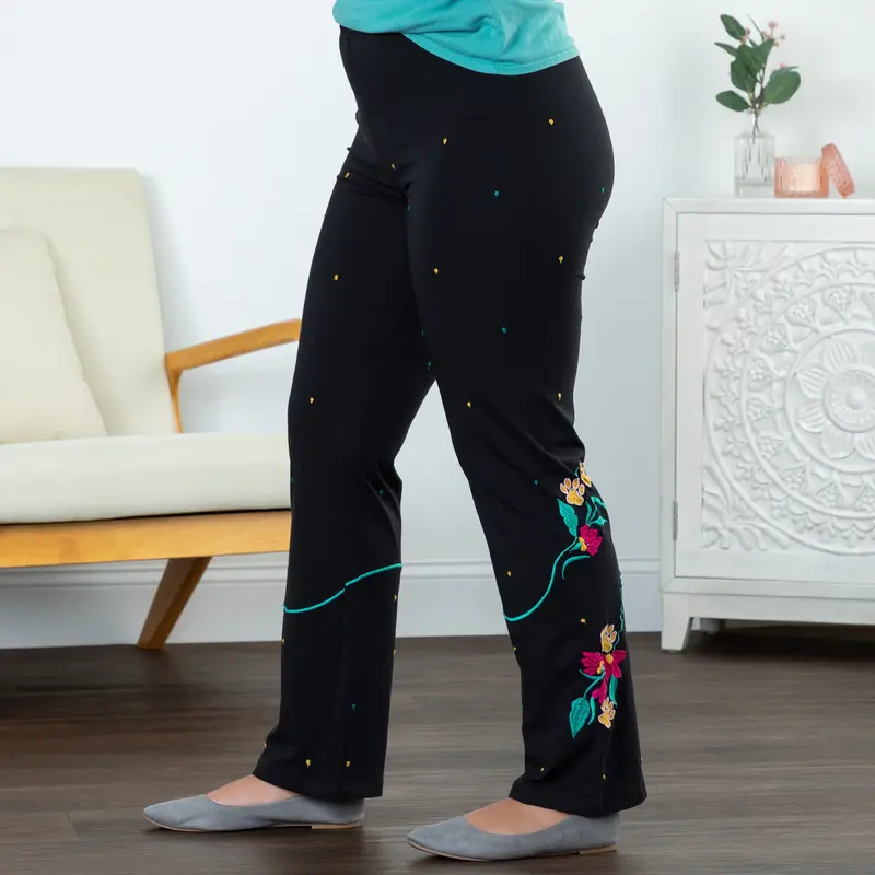 Embroidered Soft Stretch Pants - Navy - Cat - L