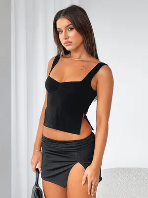 Women's Chic Plain Sweetheart Neck Ruched Split Crop Camisole, Minimalist Lady Casual Fashion Comfort Basic Cozy Comfort Sle...