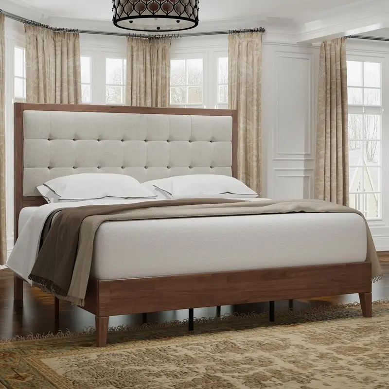 [TikTokShopfalldealsforyou] AMERLIFE Solid Wood Platform Bed Frame with Upholstered Tufted Headboard/Solid Wood Foundation, P...