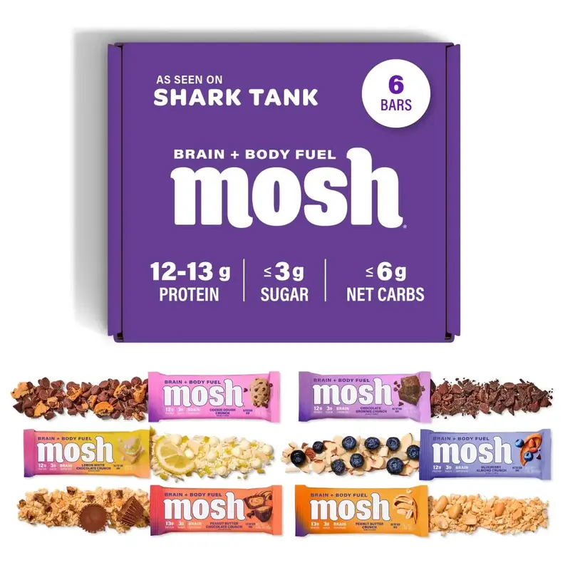 MOSH Protein Bars Shark Tank Bundle, 12g Grass-Fed Whey Protein, Gluten-Free, with Lion's Mane & B12 for Brain Health, 6-Pack...