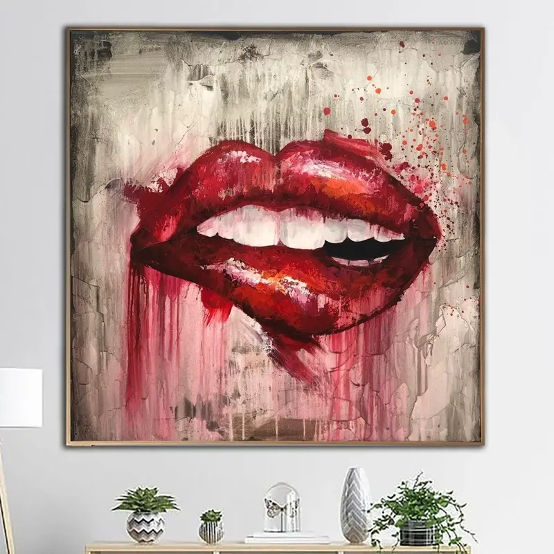 Large Abstract Red Lips Paintings On Canvas Original Textured Fine Art Modern Expressionist Art Handmade Painting Red Smile A...