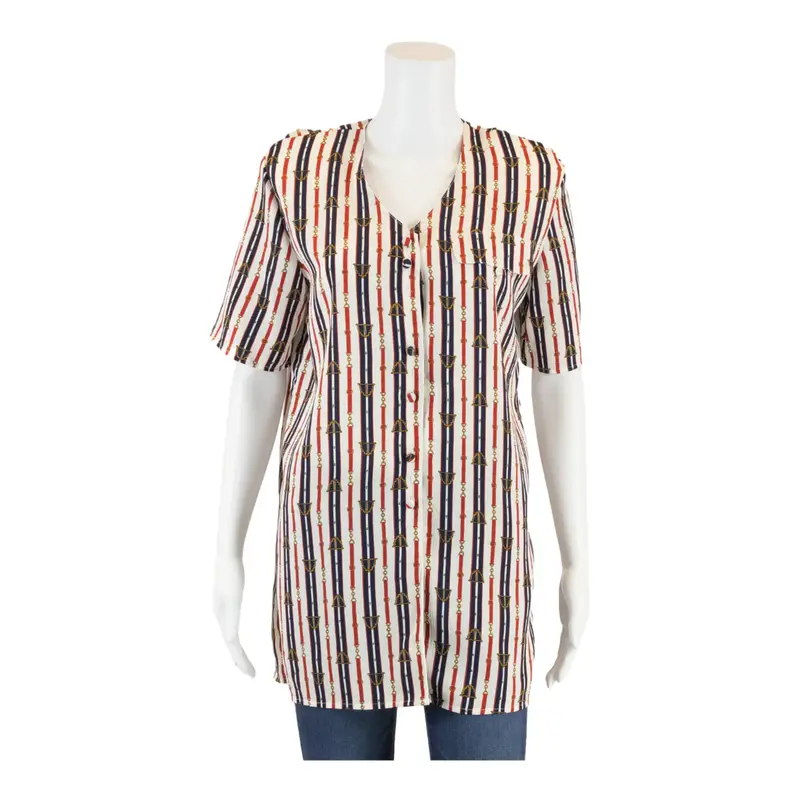 CHRISTIE&JILL Belt strap Blouse White V-Neck Striped Short Sleeve Womens S