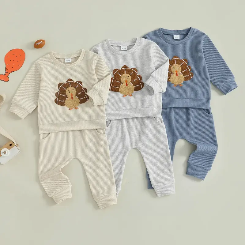 Toddler Baby Boy Thanksgiving Outfit Turkey Embroidered Long Sleeve Pullover Solid Elastic Waist Pants Set 0-3 Years