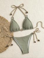 Women's Plain Beaded Decor Ring Linked Bikini Set, Casual Halter Tie Back Triangle Swim Bra & Tie Side Swim Panty, Ladies Swi...