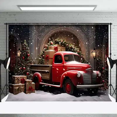 Aperturee Red Truck Pulling Christmas Presents Photo Backdrop