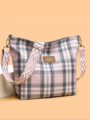 Women's Fashionable Plaid Pattern Crossbody Bag, Casual Versatile Letter Decorated Shoulder Bag for Daily Commute & Travel, T...