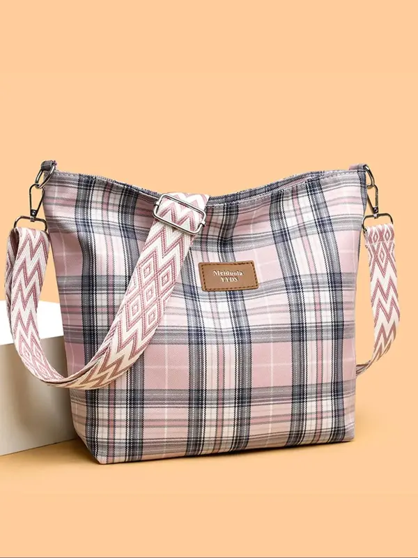 Women's Fashionable Plaid Pattern Crossbody Bag, Casual Versatile Letter Decorated Shoulder Bag for Daily Commute & Travel, T...