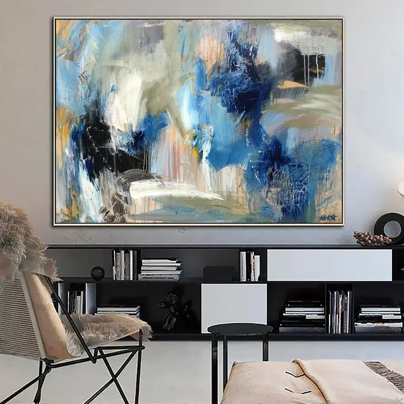 Abstract Colorful Painting on Canvas Blue Wall Art Vivid Artwork Heavy Textured Art Original Oil Painting for Aesthetic Room ...